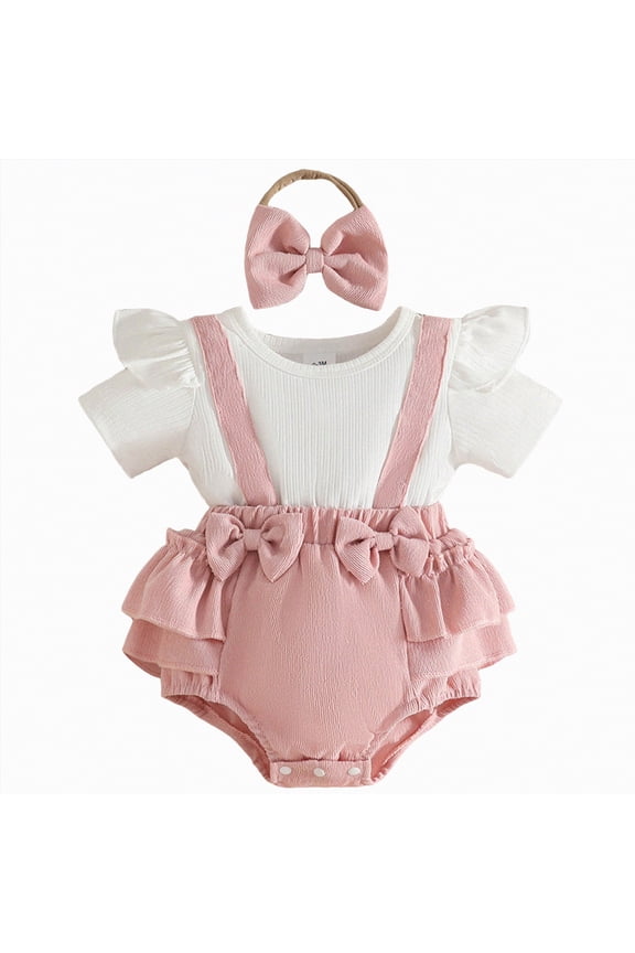 Newborn Baby Girl Summer Clothes Infant Romper Floral Suspender Dress Ruffle Short Sleeve Onesie Spring Outfit Jumpsuit with Headband (Pink,6-9 Months)
