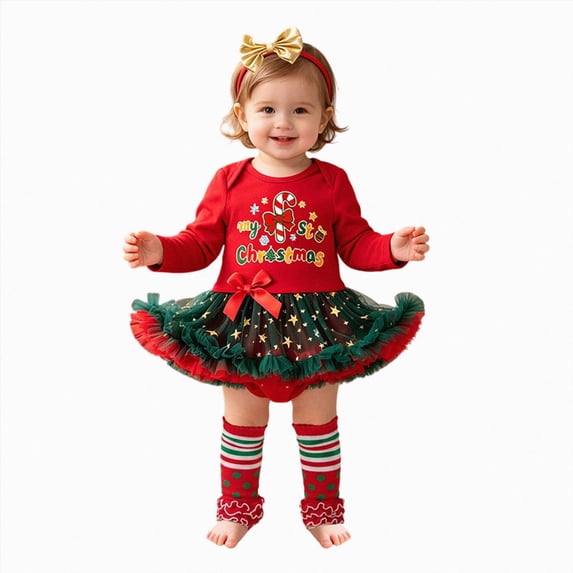 CAICJ98 Newborn Baby Girls Christmas Outfit Long Sleeve Romper Tutu Dress+Headband+Leg Warmer 3Pcs Winter Clothes Set,Size 1-3 Months