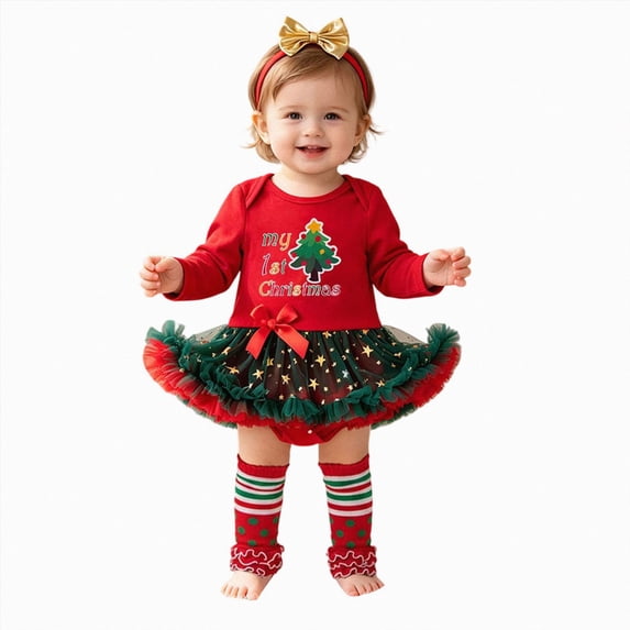 CAICJ98 Newborn Baby Girls Christmas Outfit Long Sleeve Romper Tutu Dress+Headband+Leg Warmer 3Pcs Winter Clothes Set,Size 1-3 Months