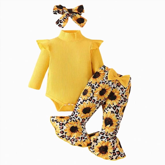 CAICJ98 Newborn Baby Girls Clothes Infant Fall Winter Outfit Ruffle Long Sleeve Romper Floral Pants Headband Sets 0-12 Months