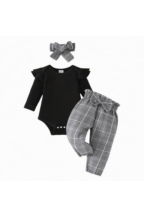 Newborn Baby Girls Clothes Ribbed Ruffled Romper + Plaid Pants + Headband Infant Outfit Set (Black,6-9 Months)