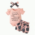 thumbnail image 1 of CAICJ98 Newborn Baby Girls Clothes Summer Outfits Short Sleeve Letter Print Romper Bow Floral Shorts Headband Baby Girls' Clothing Sets (6-9 Months,Light Pink), 1 of 6