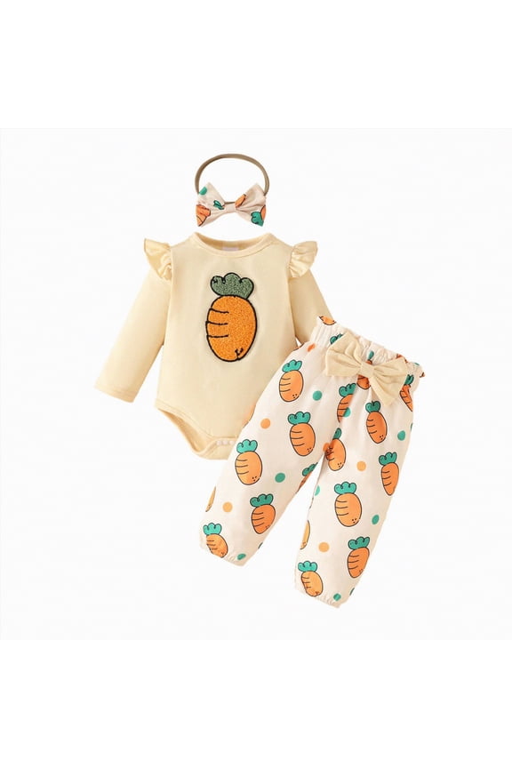 Newborn Baby Girls Easter Outfits Cute Carrot Embroidery Long Sleeve Romper and Pants Sets My First Easter Baby Girl Outfits (White,3-6 Months)