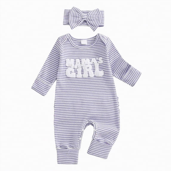CAICJ98 Newborn Baby Girls Romper Outfits Mama's Girl Embroidery Striped Ruffle Jumpsuit Bodysuit Infant Fall Winter Spring Clothes (Purple,0-3 Months)