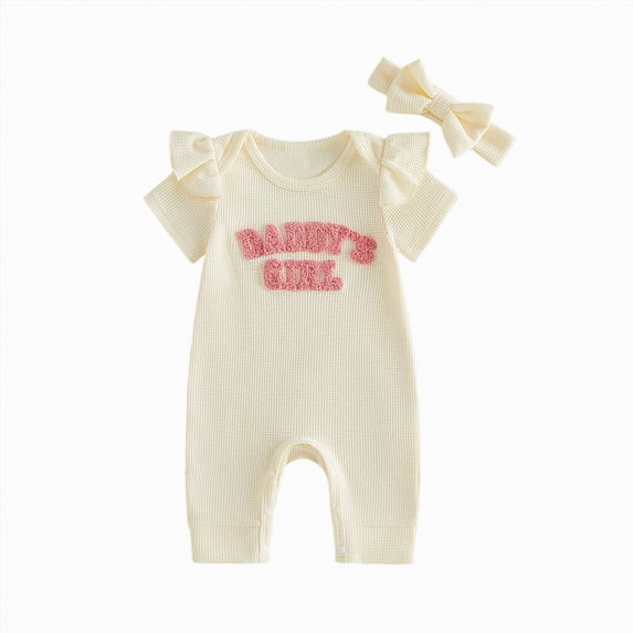 CAICJ98 Newborn Baby Girls Summer Clothes Daddy's Girl Embroidery Ruffle Short Sleeve Jumpsuit Bubble Romper Bodysuit Outfits with Headband (Beige,3-6 Months)