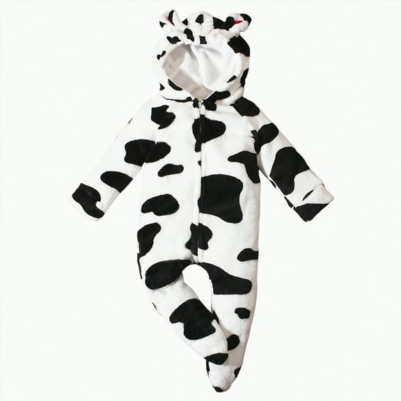 CAICJ98 Newborn Baby Jumpsuit Hooded Fleece Cow Rompers Long Sleeve Onesies Outwear Snowsuit Outfits Baby Boy Girl Winter Coat (White,3-6 Months)