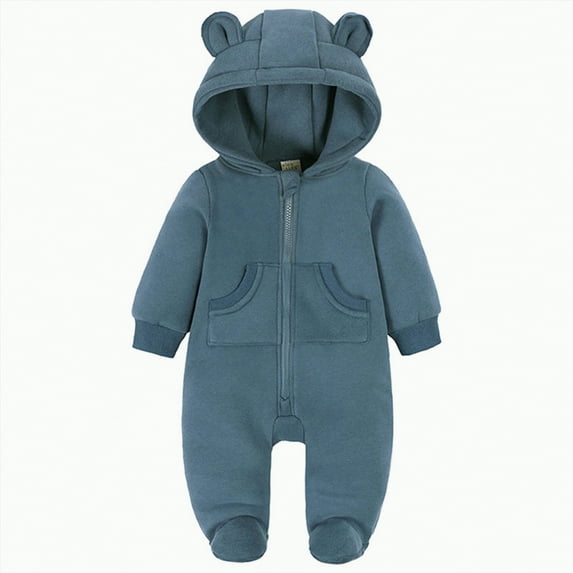CAICJ98 Newborn Baby Jumpsuit Hooded Fleece Rompers Long Sleeve Onesies Outwear Outfits Infant Baby Boy Girl Winter Coat (Navy,0-3 Months)
