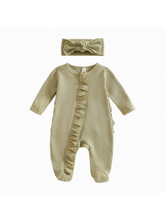 Newborn Baby Romper Infant Girl One-piece Outfit Waffle Ruffle Zip Footie Fall Winter Clothes With Bow Headband,Size 0-3 Months
