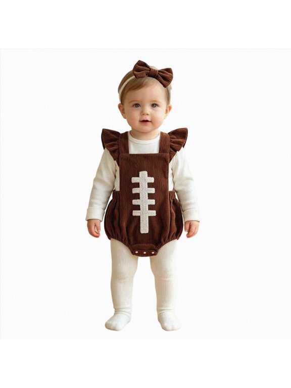Newborn Football Romper Baby Girl Corduroy Overalls Infant Football Onesie Bodysuit Game Day Outfit with Headband,Size 0-3 Months