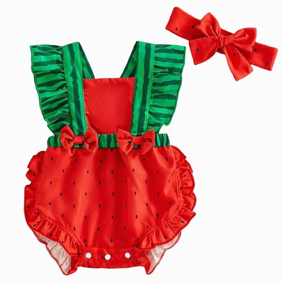 CAICJ98 Newborn Girl Outfit Fly Sleeve Contrast Color Watermelon Romper Bowknot Hairband Infant Summer Baby Clothes (Red,0-3 Months)