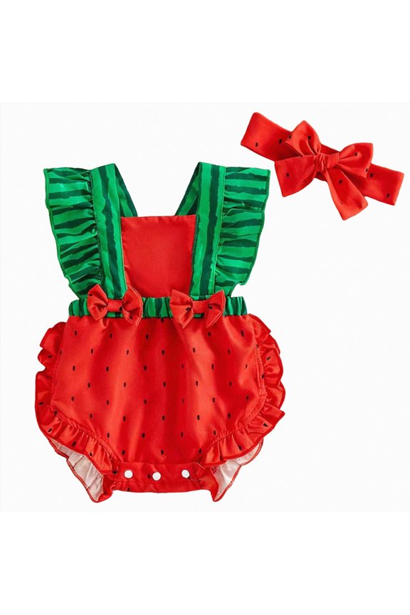 Newborn Girl Outfit Fly Sleeve Contrast Color Watermelon Romper Bowknot Hairband Infant Summer Baby Clothes (Red,0-3 Months)