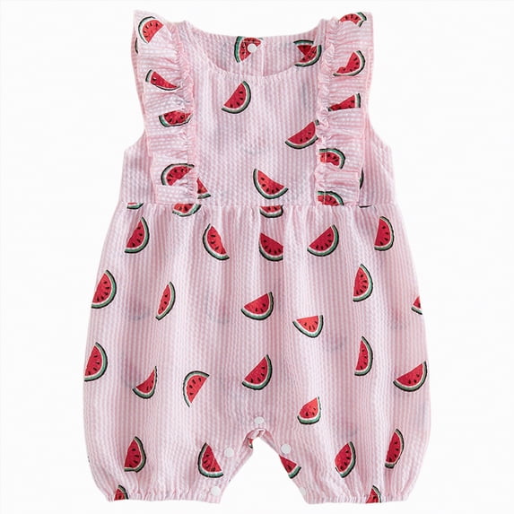 CAICJ98 Newborn Girl Strawberry Romper Infant Baby Summer Outfit Cherry Watermelon Print Ruffle Sleeve Seersucker Stripe Jumpsuit (Pink,0-3 Months)