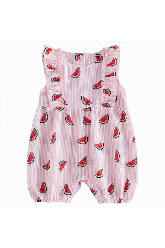 Newborn Girl Strawberry Romper Infant Baby Summer Outfit Cherry Watermelon Print Ruffle Sleeve Seersucker Stripe Jumpsuit (Pink,0-3 Months)