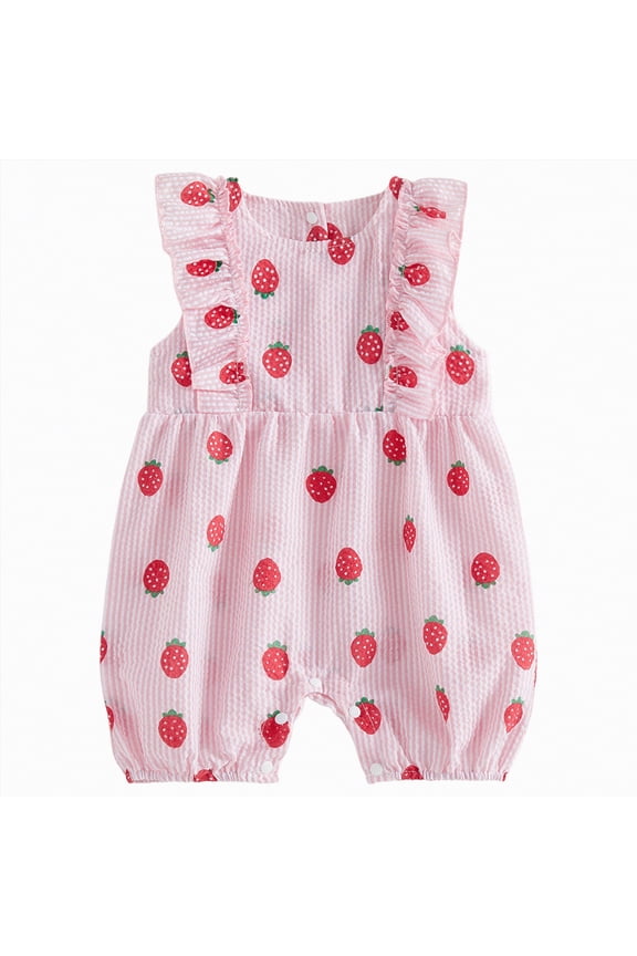 Newborn Girl Strawberry Romper Infant Baby Summer Outfit Cherry Watermelon Print Ruffle Sleeve Seersucker Stripe Jumpsuit (Watermelon Red,0-3 Months)