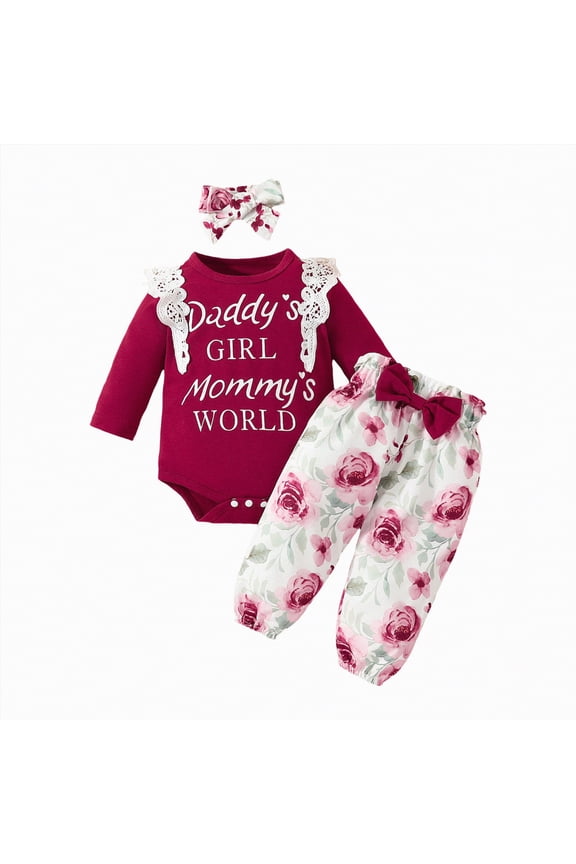 Newborn Infant Baby Boy Girl Clothes Letter Print Ruffle Romper Floral Pants Set Hat 3PC Outfits Set Coming Home Outfit (Wine,6-9 Months)