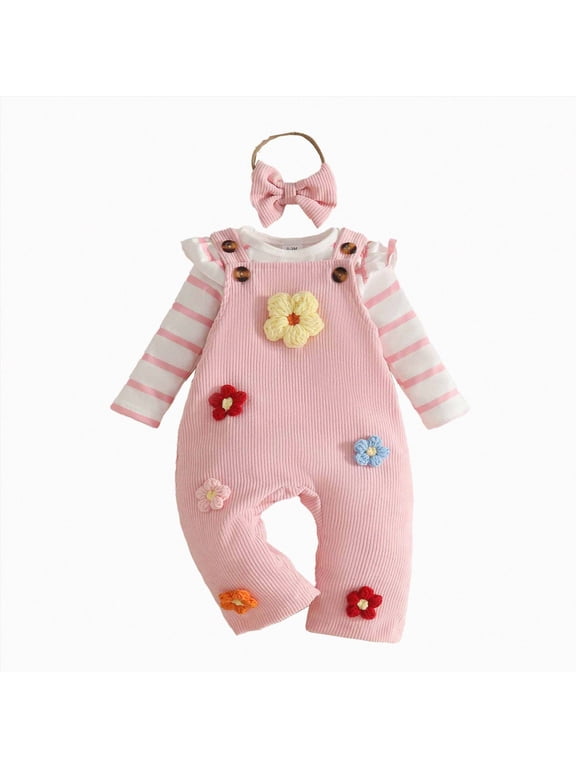Newborn Infant Baby Girl Clothes Fall Winter Long Sleeve Bubble Romper Floral Bow One Piece Jumpsuit Cute Outfits (Pink,3-6 Months)