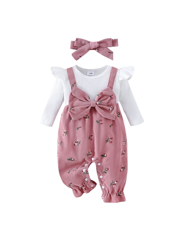 Newborn Infant Baby Girl Clothes Fall Winter Long Sleeve Bubble Romper Floral Bow One Piece Jumpsuit Cute Outfits Pink,Size 3-6 Months