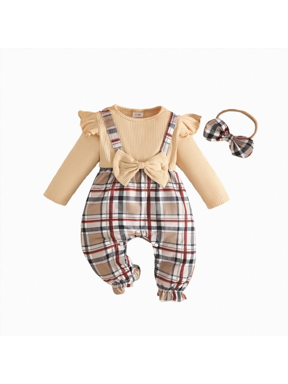 Newborn Infant Baby Girl Clothes Fall Winter Long Sleeve Bubble Romper Plaid Bow One Piece Jumpsuit Cute Outfits (Beige,9-12 Months)