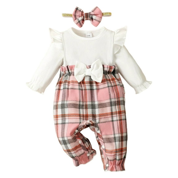 CAICJ98 Newborn Infant Baby Girl Clothes Fall Winter Plaid Long Sleeve Jumpsuit One Piece Romper Bodysuit Baby Overalls Outfits Pink,Size 3-6 Months