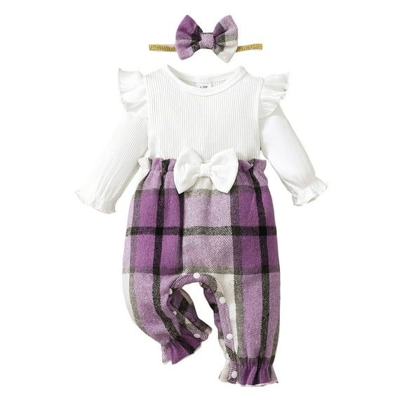 CAICJ98 Newborn Infant Baby Girl Clothes Fall Winter Plaid Long Sleeve Jumpsuit One Piece Romper Bodysuit Baby Overalls Outfits Purple,Size 1-3 Months