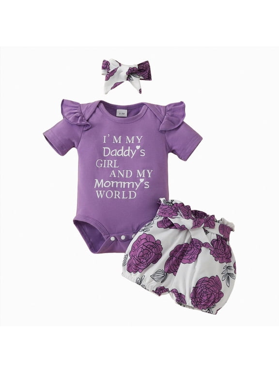 Newborn Infant Baby Girl Clothes Romper Shorts Set Floral Summer Outfits Cute Baby Girls' Clothing Baby Clothes for Girls (Purple,0-3 Months)