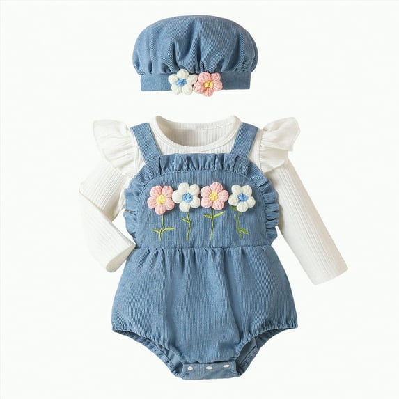 CAICJ98 Newborn Infant Baby Girl Knit Romper Long Sleeve Ruffle Solid Color Bodysuit Jumpsuit Fall Winter Clothes One Piece Outfit (Blue,9-12 Months)