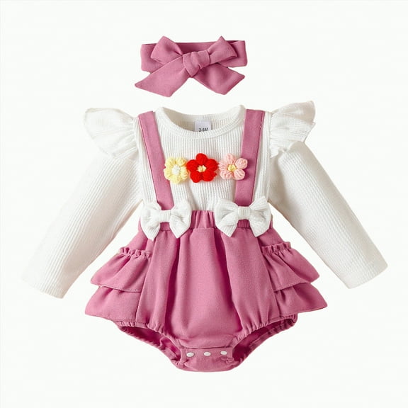 CAICJ98 Newborn Infant Baby Girl Knit Romper Suspender Dress Long Sleeve Ruffle Bodysuit Jumpsuit Fall Winter Clothes One Piece Outfit (Pink,9-12 Months)