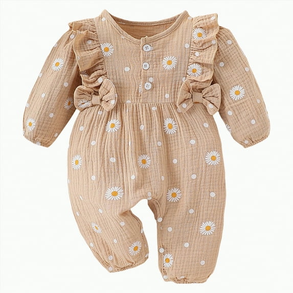 CAICJ98 Newborn Infant Baby Girl Romper Bodysuit Baby Girl One Piece Jumpsuit Pants Clothes Fall Winter Outfits with Headband (Khaki,0-3 Months)