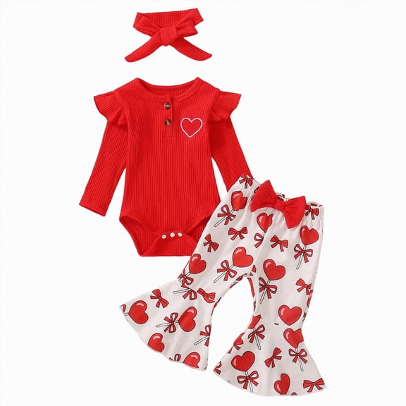 CAICJ98 Newborn Infant Baby Girl Valentines Outfit Long Sleeve Knit Romper Red Onesie   Heart Flare Pants   Bow Headband 3Pcs (Red,12-18 Months)