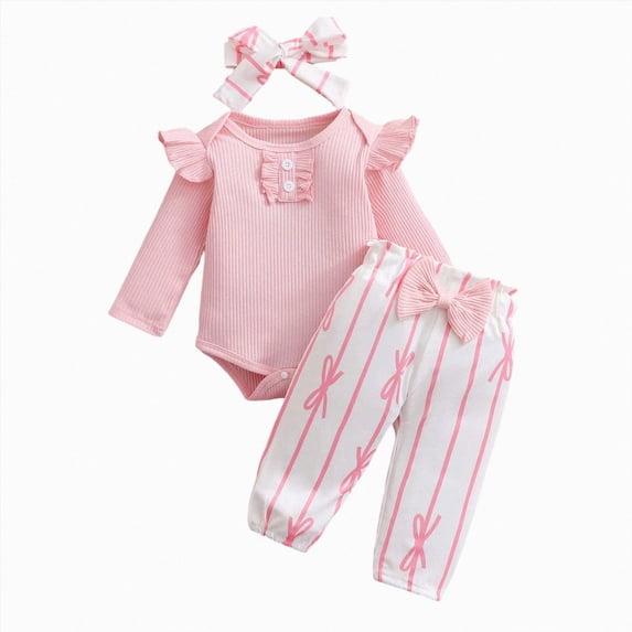 CAICJ98 Newborn Infant Baby Girls Clothes Ribbed Romper Bodysuit Pants Headband Set Fall Winter Outfits (Pink,3-6 Months)