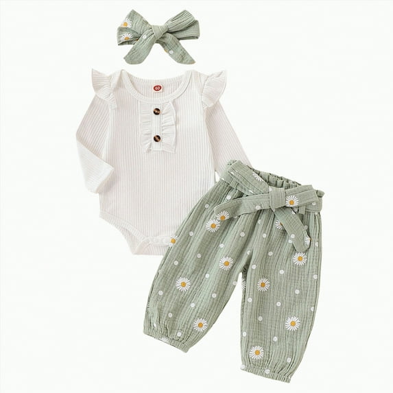 CAICJ98 Newborn Infant Girl Clothes Fall Spring Outfits Rib Knit Romper Daisy Print Pants Headband Baby Clothes for Girls (Light Green,6-12 Months)