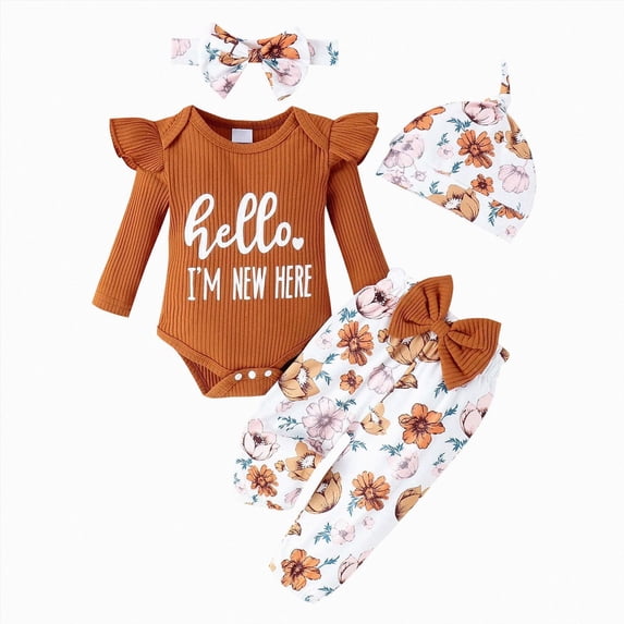 CAICJ98 Newborn Outfit Baby Girl Going Home Outfit Ruffle Long Sleeve Letter Print Ribbed Romper Top Floral Pants Set 4Pcs Cute Fall Winter Clothes,Size 0-1 Months