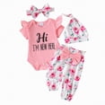 thumbnail image 1 of CAICJ98 Newborn Outfit Baby Girl Going Home Outfit Ruffle Short Sleeve Ribbed Romper Top Floral Pants Headband Hat Set Cute Infant Spring Summer Clothes (Pink,0-3 Months), 1 of 7
