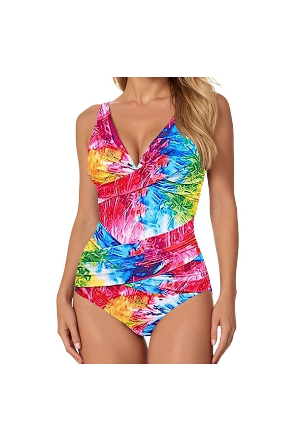 One Piece Swimsuit Women Tummy Control Ruched Bathing Suit 1 Piece Swimwear Multicolor,M