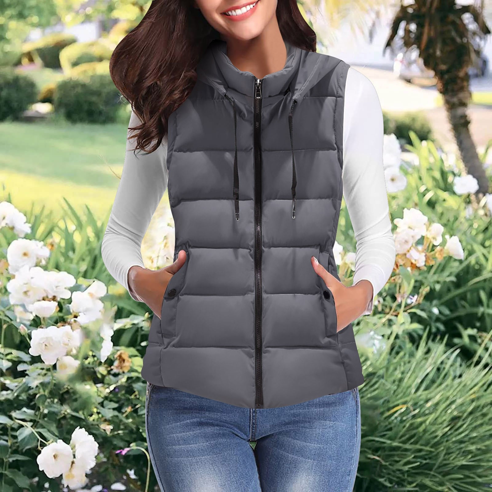 CAICJ98 Oversized Vests For Women Women's Lightweight Puffer Vest Windproof  Sleeveless Vest for Hiking Travel Running Outerwear with Pockets Grey,3XL 