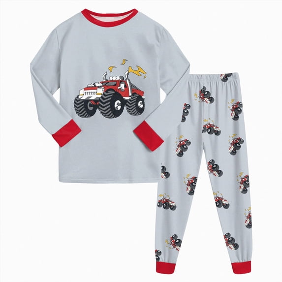 CAICJ98 Pajamas for Boys Long Sleeve Monster Truck Sleepwear Tops Pants Pjs Set Toddler Little Kids 2 Piece Soft Cotton Sleepwear (6-7 Years,Red)