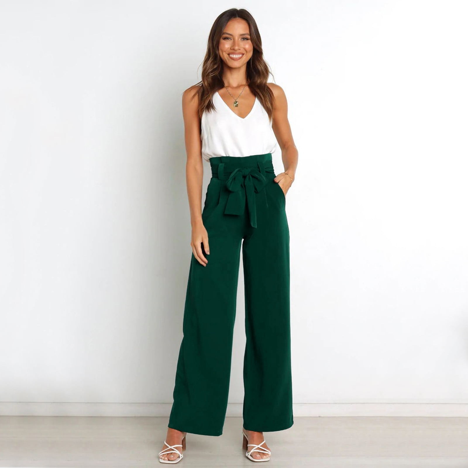 CAICJ98 Womens Pants Women's Casual High Waist Fold Pleated Straight Leg  Trousers Work Pants with Pocket Army Green,XL 