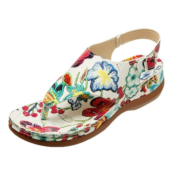 CAICJ98 Platform Sandals Ladies Fashion Bohemian Summer Printed Fabric Faced Flat Bottom Ankle Strap Sandals,Red
