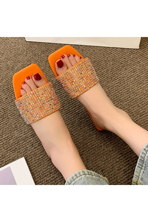 Platform Sandals Women Rhinestone Slide Sandals Slip on Strap Glitter Bling Sandals Casual Comfortable Sandals,Orange