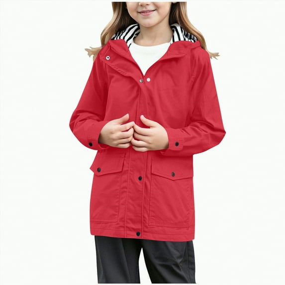 CAICJ98 Rain Jacket for Tween Girls Waterproof Hooded Raincoats Full Zip Lightweight Windbreaker Striped Lined Windproof Coat (Red,5-6 Years)