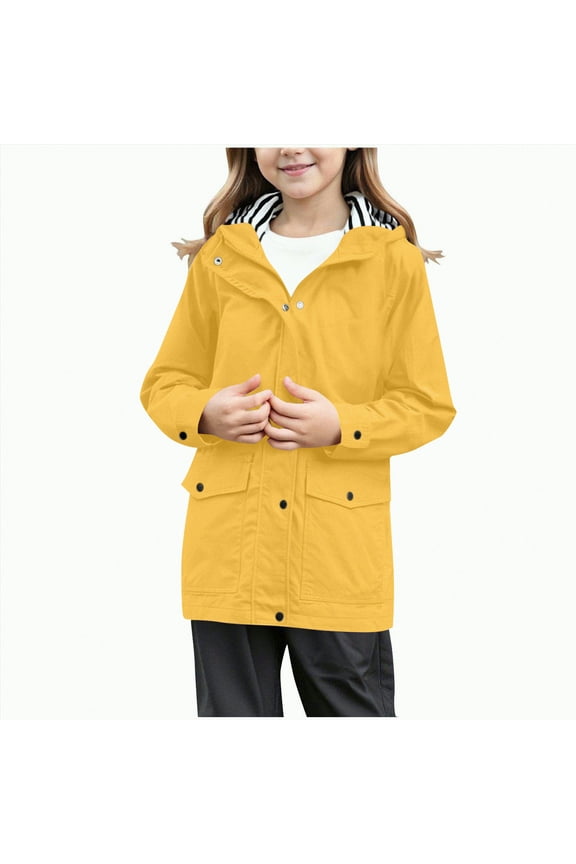 Rain Jacket for Tween Girls Waterproof Hooded Raincoats Full Zip Lightweight Windbreaker Striped Lined Windproof Coat (Yellow,11-12 Years)