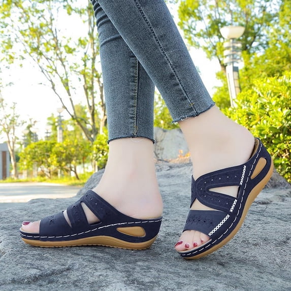 CAICJ98 Sandals Women Women's Braided Flat Sandals Strappy Dressy Sandals Slip on Memory Foam Slide Sandals,Blue