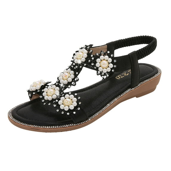 CAICJ98 Sandals Women Women's Flat Sandals Elastic Strappy Sandals, Jussy Simple Casual Open Toe Flat Sandals Summer Beach Sandals for Women,Black