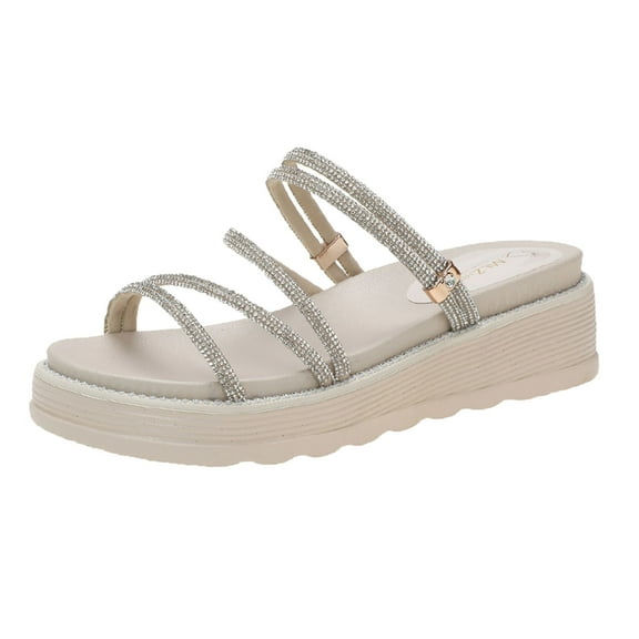 CAICJ98 Shoes for Women Ladies Fashion Summer Rhinestone Decorative Pullover Toe Buckle Flat Sandals,Beige