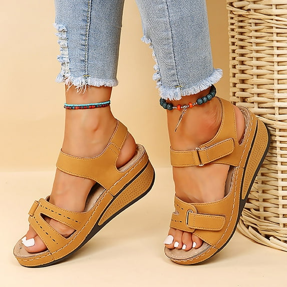 CAICJ98 Shoes for Women Womens Flat Sandals Beaded Bohemian Elastic Back Strap Rhinestone Summer Slip On Sandals,Yellow