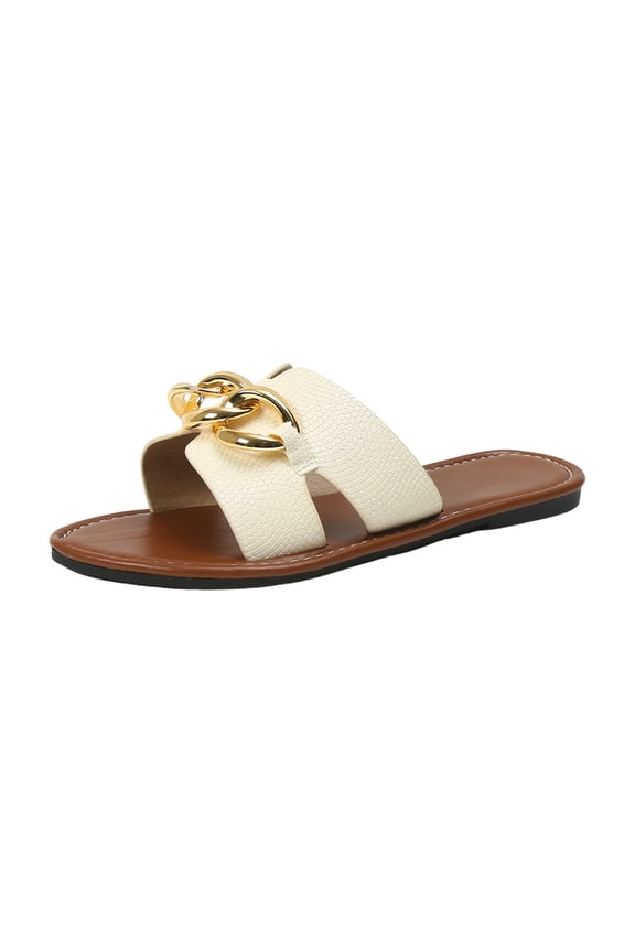 Slide Sandals Women Open Toe Chain Flat Sandals Leather Summer Slippers Slip On Slides Beige,9