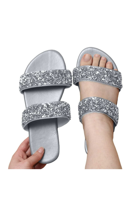 Slide Sandals for Women Sparkly Glitter Sandal Sequin Two Band Open Toe Slip On Slides Wedding Silver,9