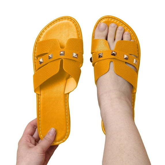 CAICJ98 Slides Women Flat Sandals Open Toe Band Wide Width Dressy Vacation Slide Yellow,8
