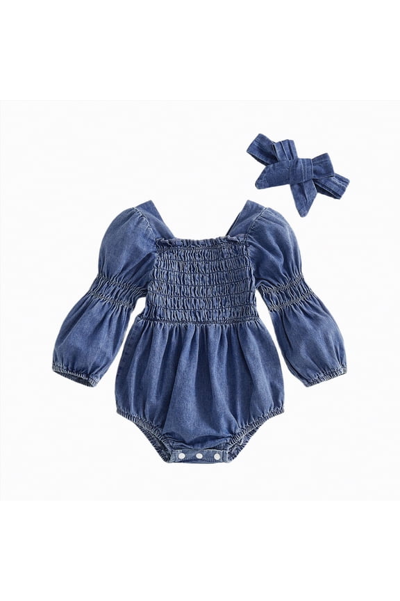 Smocked Baby Girl Clothes Newborn Girl Bubble Denim Romper Long Sleeve Jumpsuit And Headband Outfit Cute Infant Fall Spring Clothing (Blue,6-12 Months)