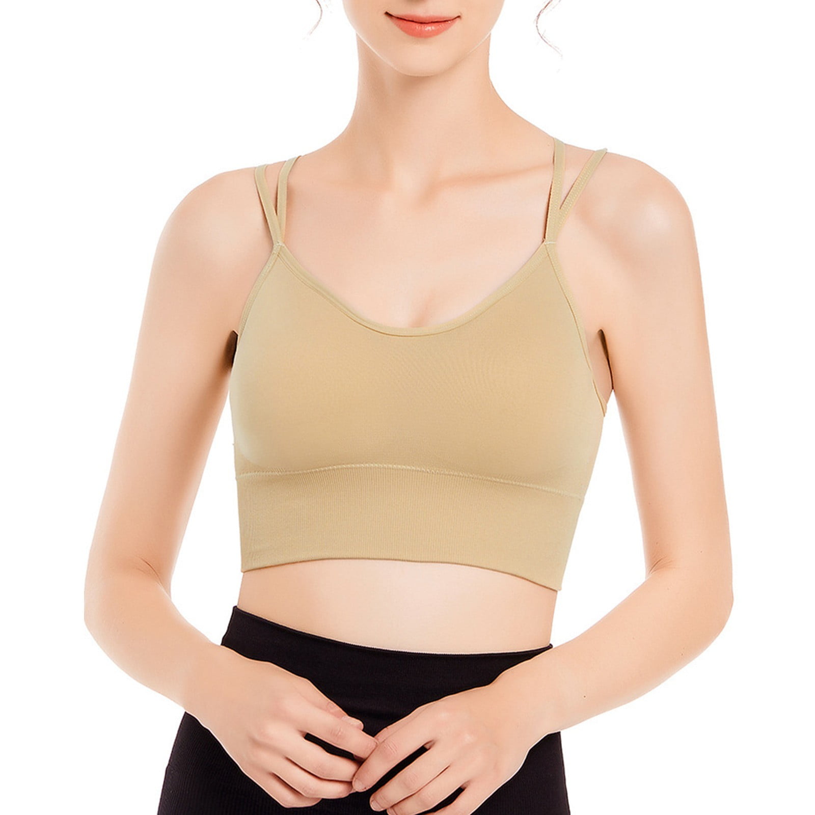 RYRJJ Women's Y Back Sports Bra Strappy Seamless Padded Workout Tops Solid  Soft Comfy Low Impact Support Workout Yoga Bras(Beige,L) 